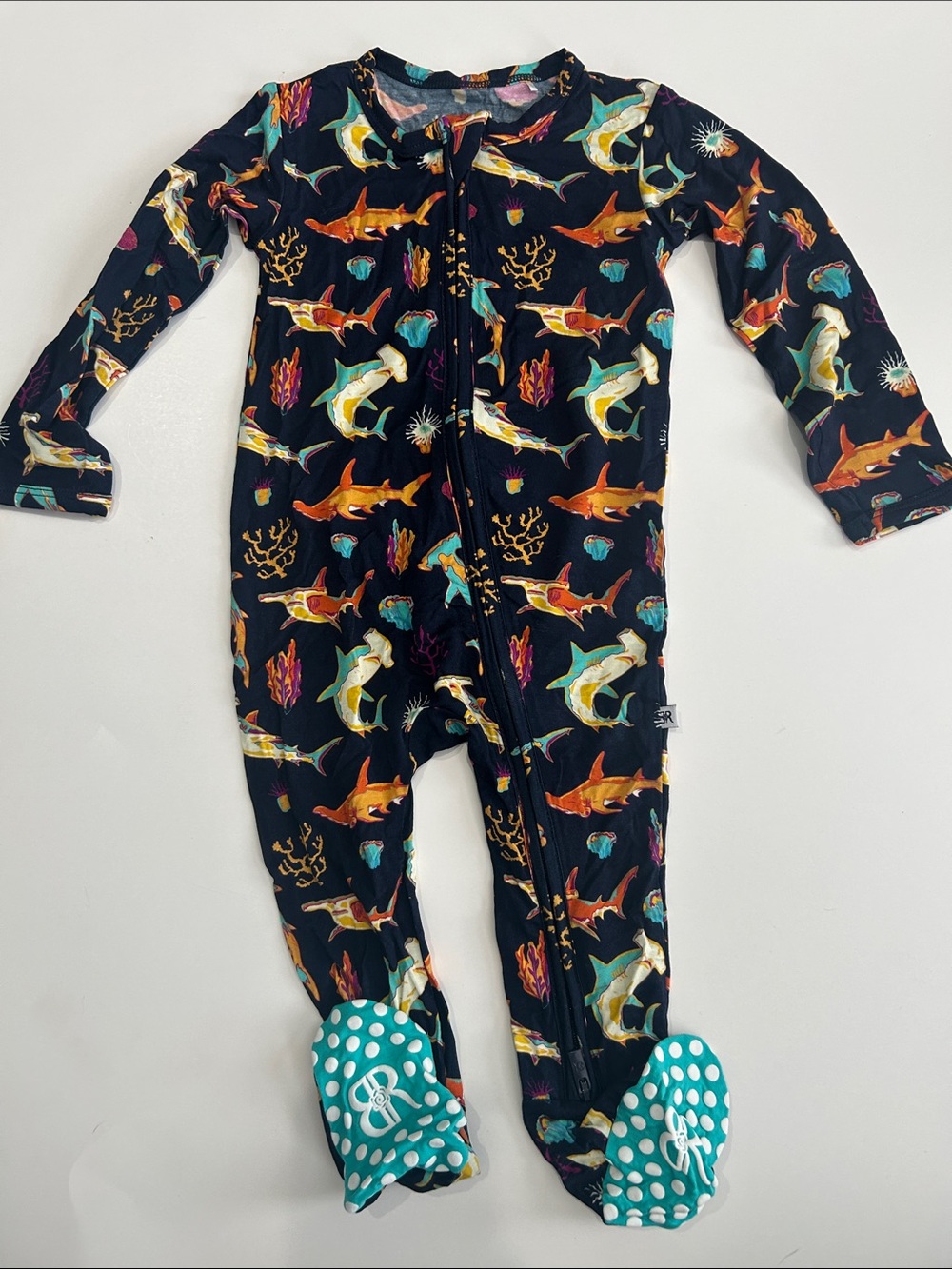 NWOT Bums N Roses Bamboo Navy Shark Print One-Piece Footed Pajamas